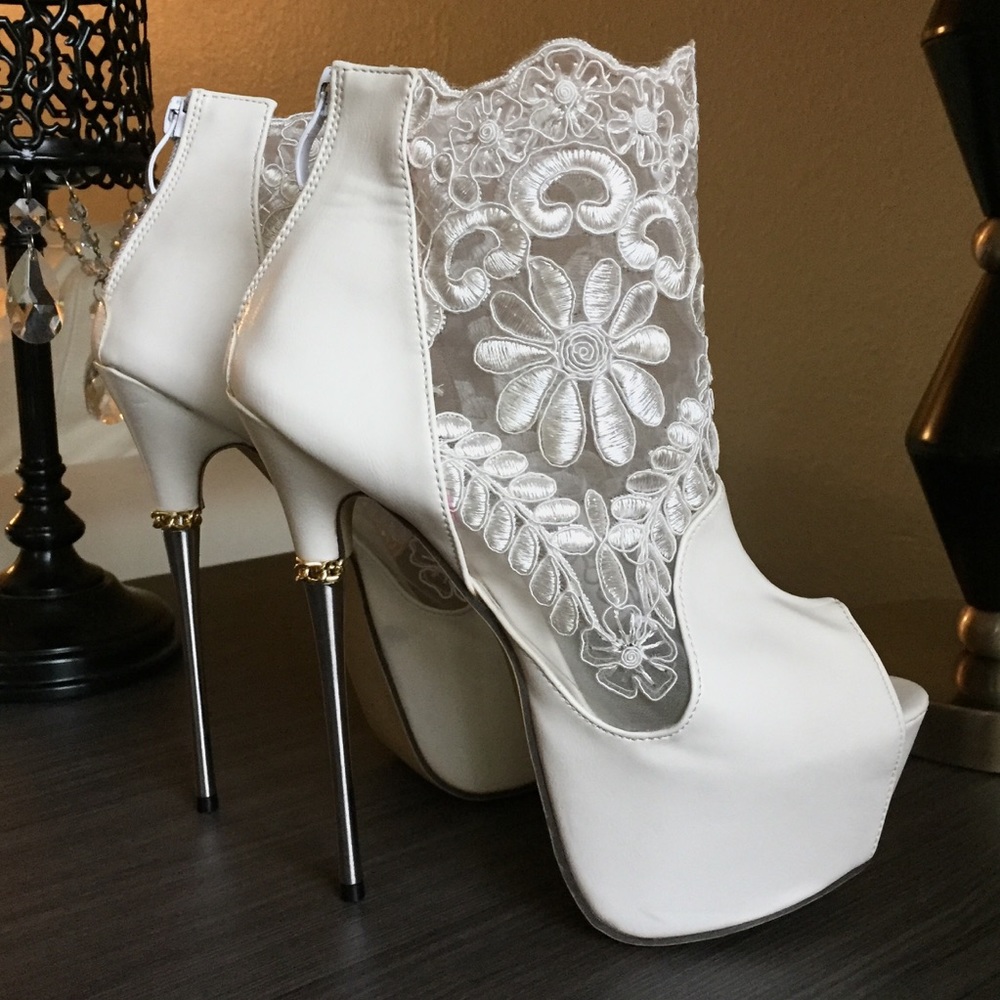 White floral lace platform stilettos
